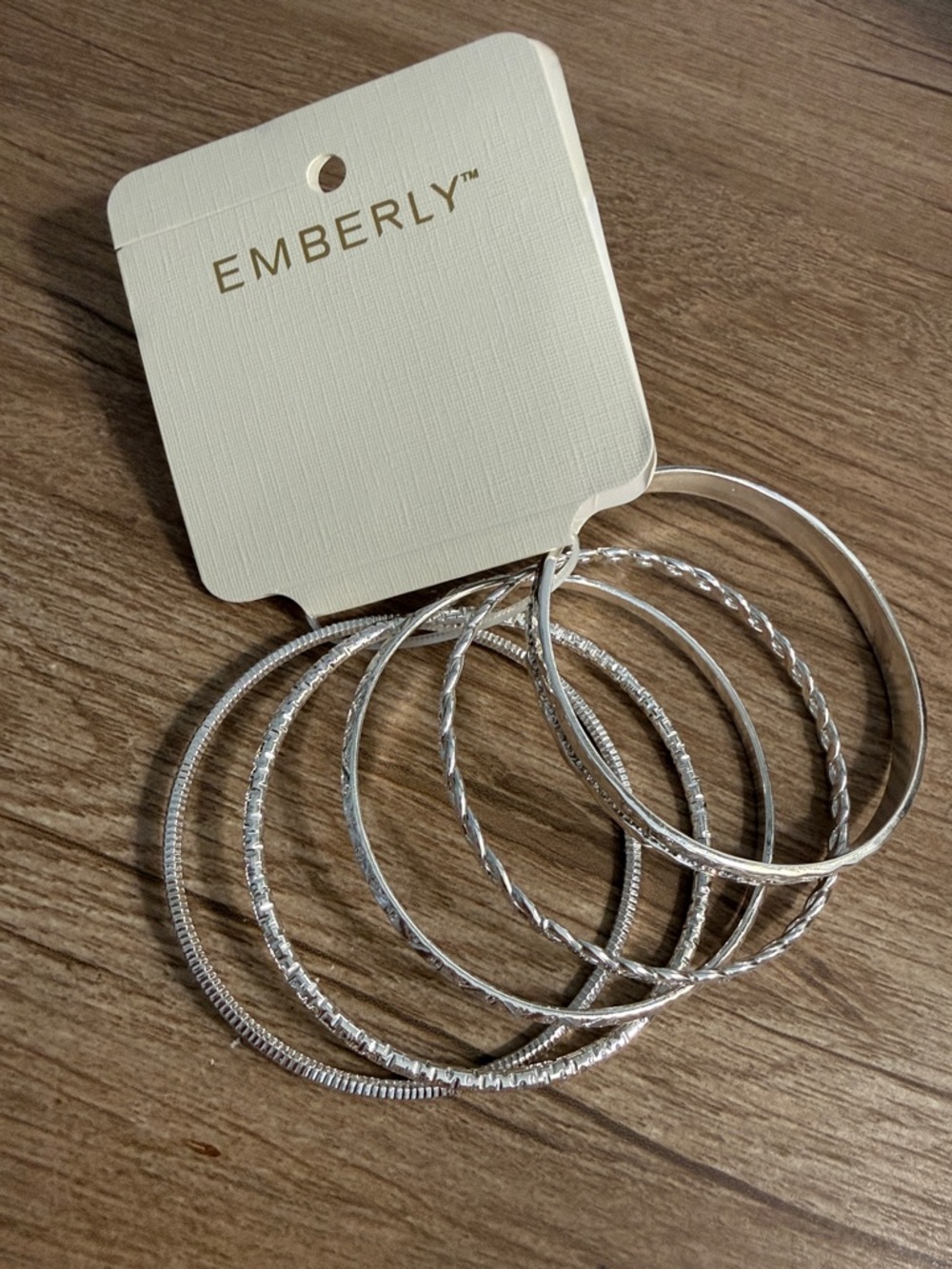Emberly Silver Tone set of 5 Mixed-Texture Bangle Bracelet Set